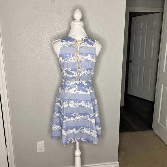 Pearl Southern Couture Sz 4 Marcella Asian Print Dress Lace Up Back Blue - Picture 7 of 10